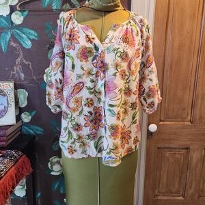 Liverpool Los Angeles Pink Multi Floral Blouse XL Cottagecore Peasant Top